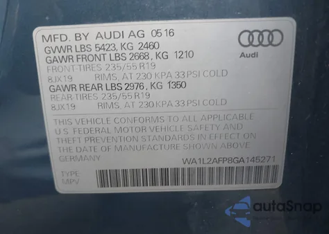 2016 Audi Q5 2.0T Premium z USA, uszkodzony, nr VIN WA1L2AFP8GA145271